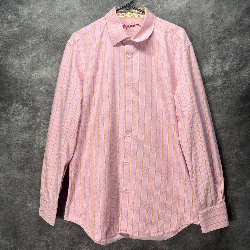 Robert Graham Button Up Dress Shirt Mens 43 17 Pink Orange Striped Flip Cuff